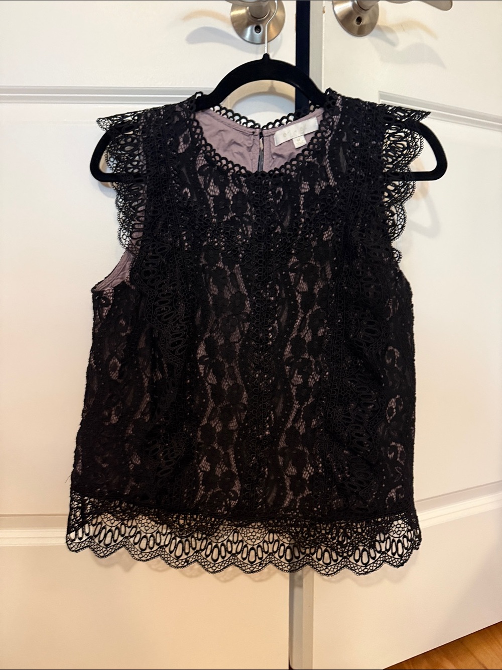 Sleeveless Black Lace Shell Top with Scalloped Hem